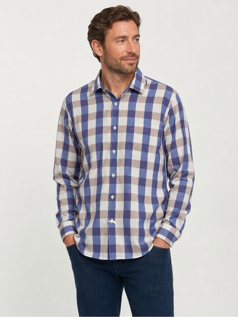 Bugatchi Classic Fit Men’s Long Sleeve Plaid Button Up Shirt Blue Tan JS3925L10
